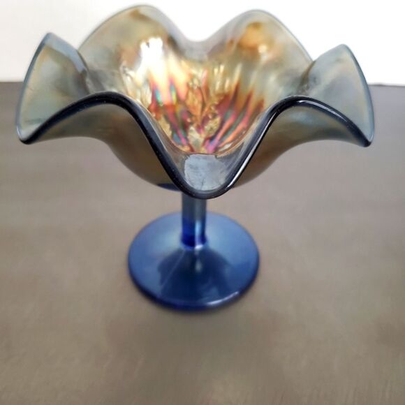 Vintage Fenton Cobalt Carnival Glass Ruffle Compote Rib Holly Footed Jelly Dish - Picture 1 of 8